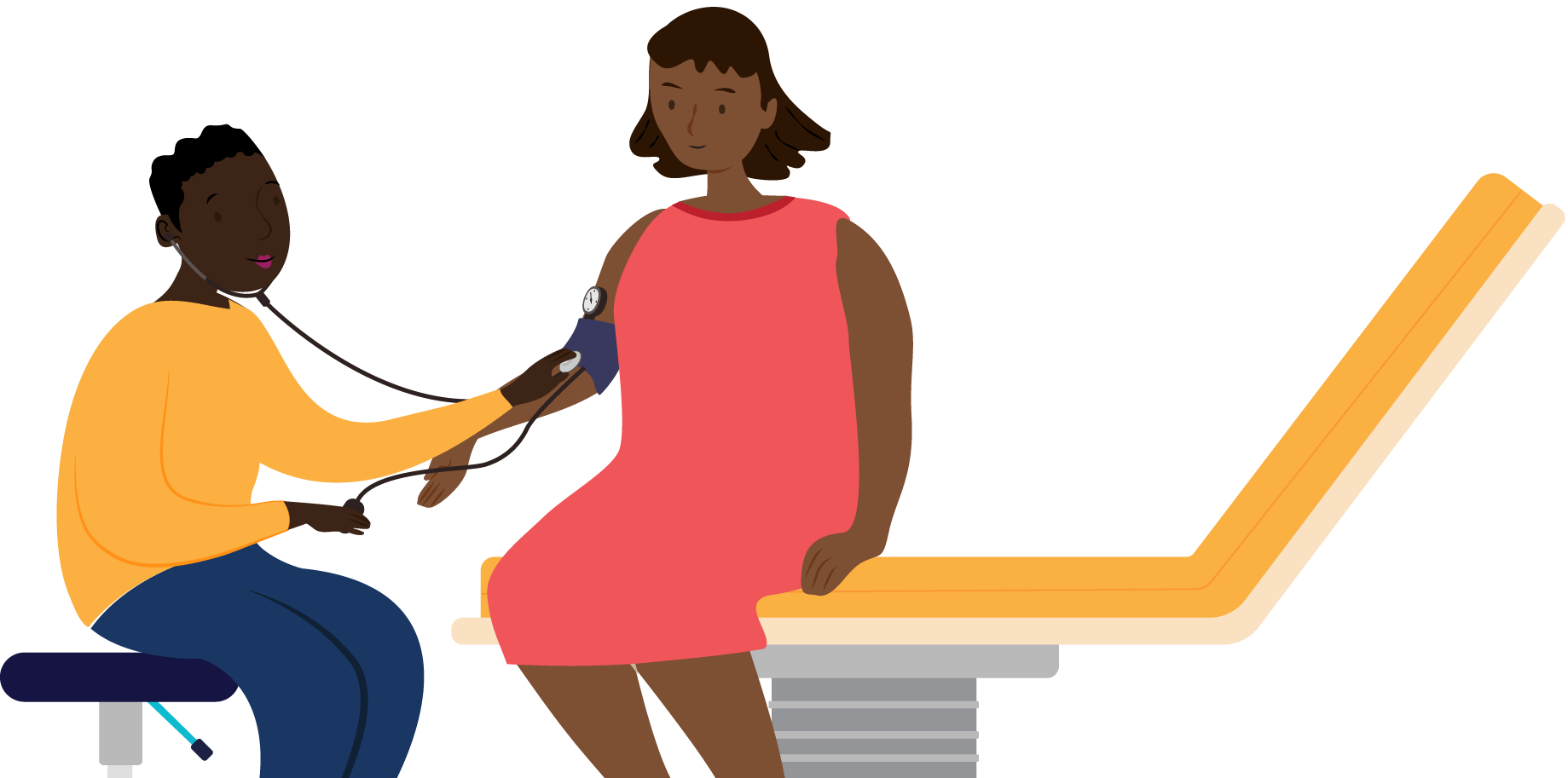 Illustration of a physician taking a patient’s blood pressure reading, while they sit on an exam table